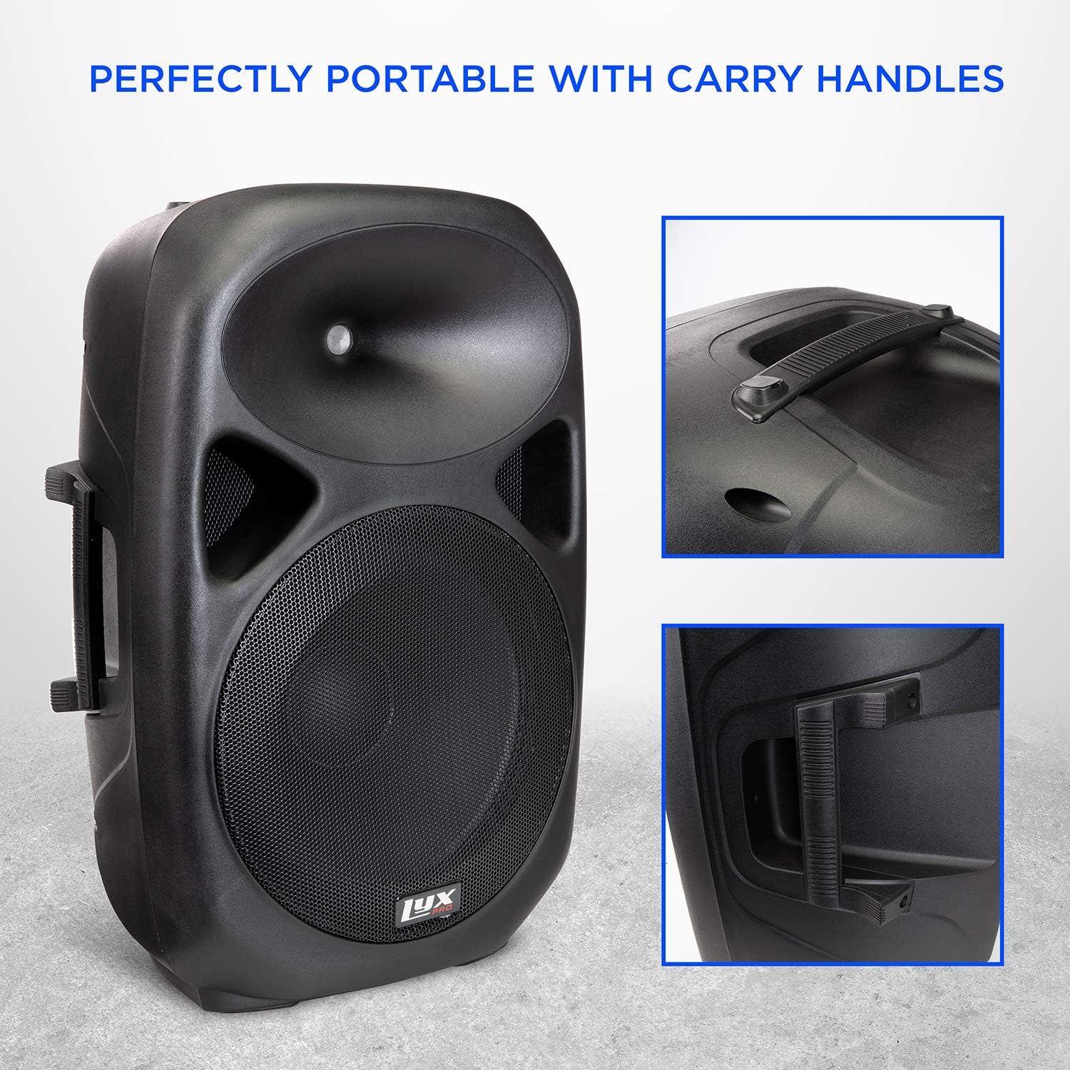 LyxPro 15 Inch PA Active Speaker System Compact and Portable with Equalizer, Bluetooth, MP3, USB, SD Card Slot, XLR, 1/4��, 3.5mm Input, Carry Handles, SPA-15