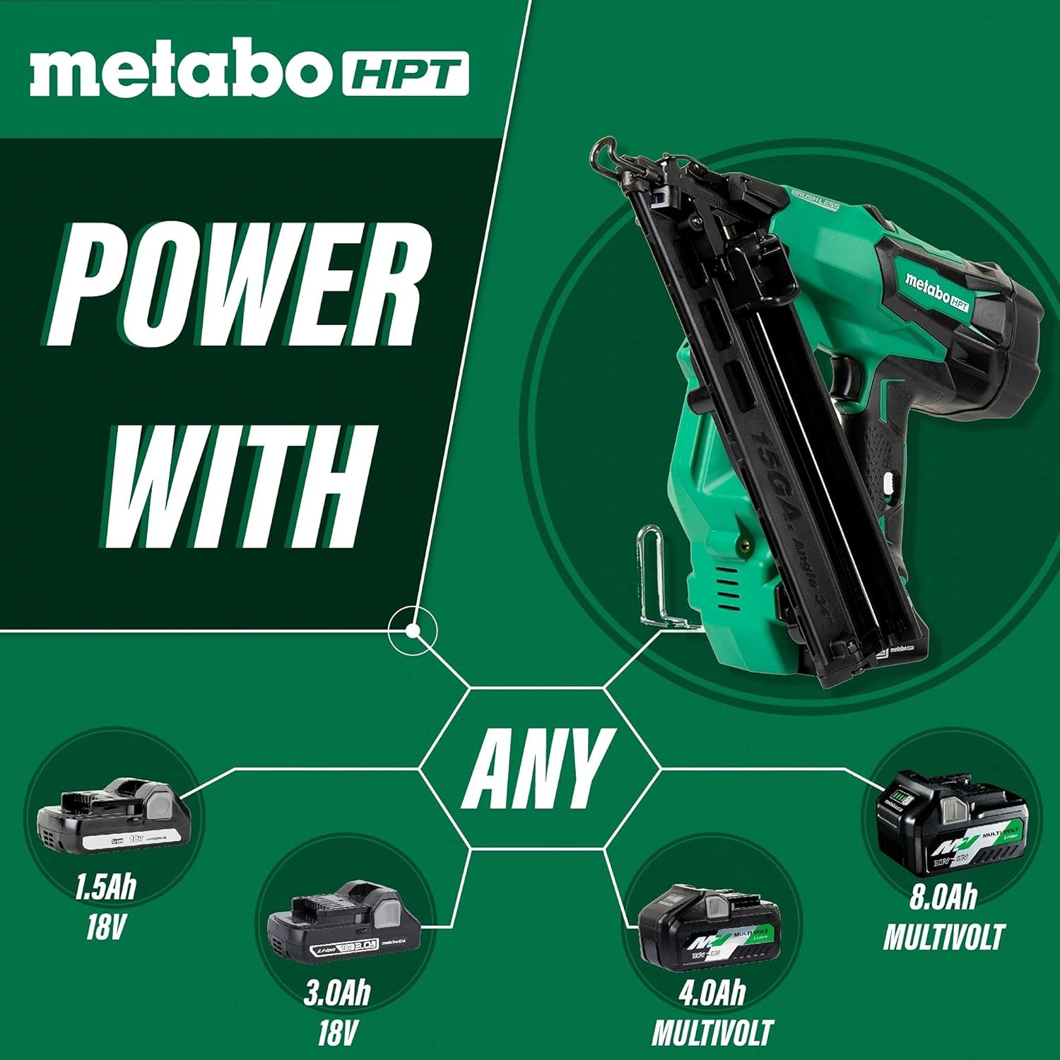 Metabo HPT Cordless Finish Nailer Kit, 18V - 3.0 Ah Lithium Ion Battery, Brushless Motor, 15 Gauge, Lifetime Tool Warranty (NT1865DMAS)
