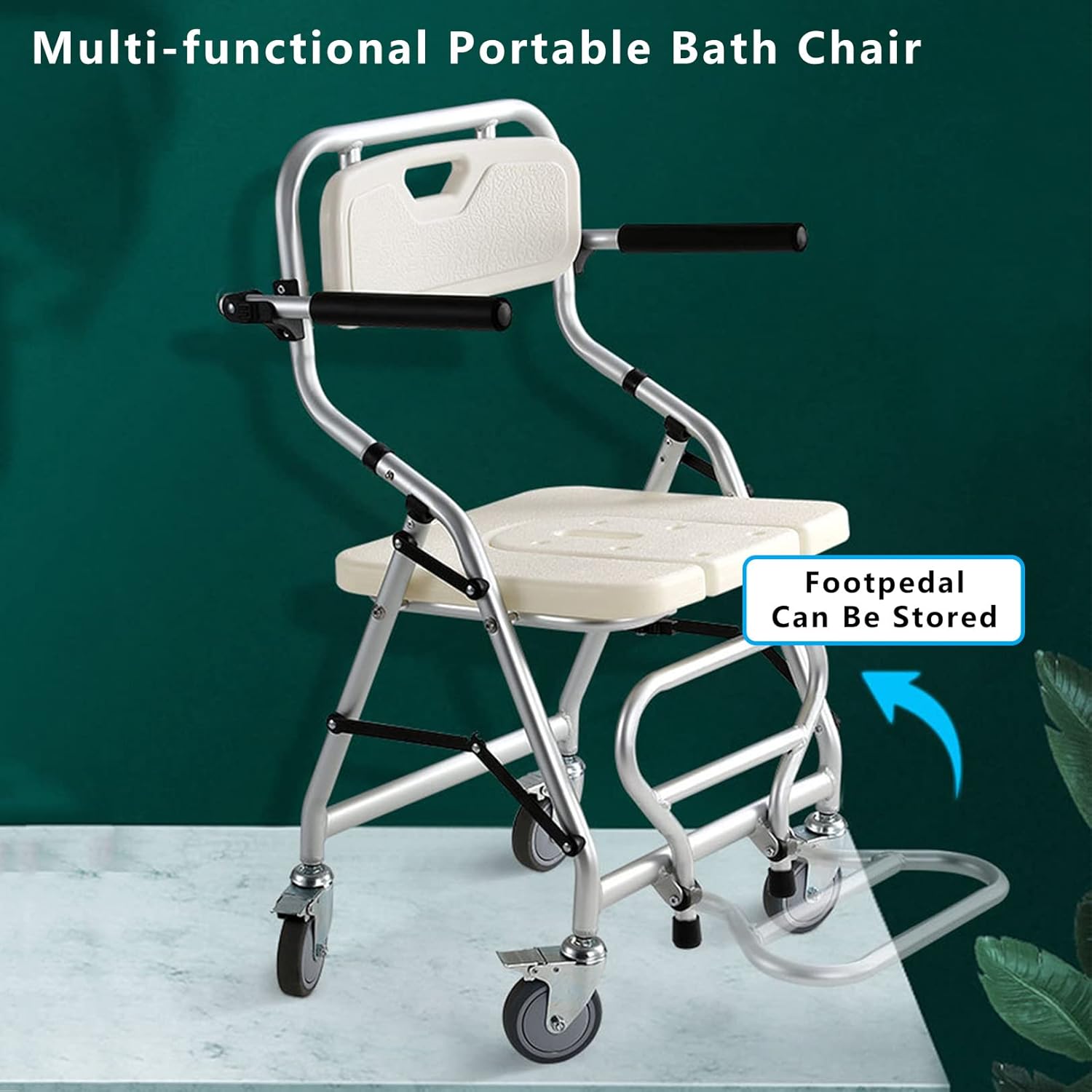 Shower Chair with Wheels and Footrest, Commode Wheelchair, Shower Wheelchairs for The Disabled, Commode Chair for The Elderly, Commode Toilet Chair with Wheels