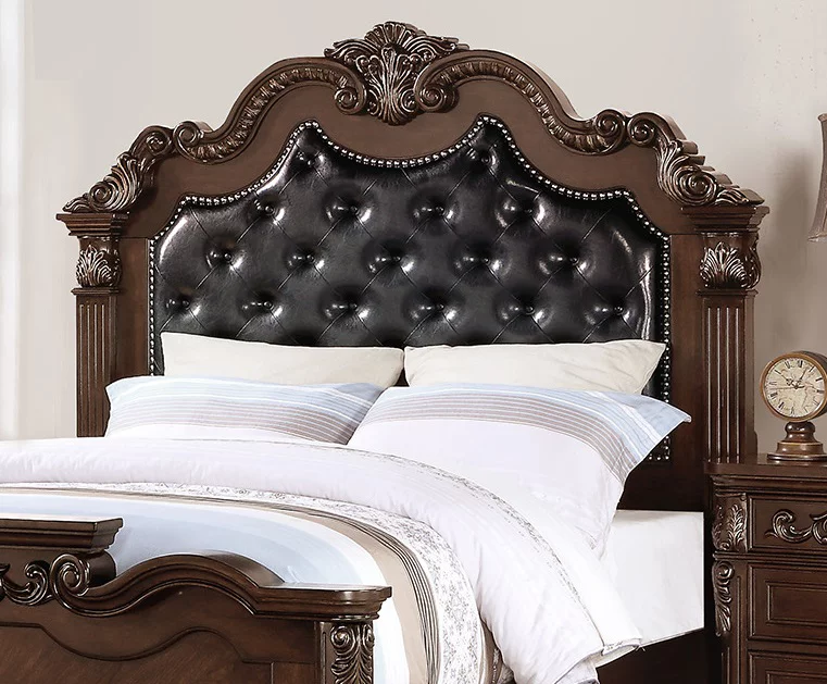 Luxurious 4pcs Bedroom Furniture Tufted HB Panel Eastern King Bed Dresser Mirror Nightstand Brown