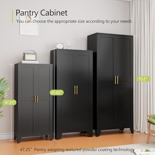 75.2" Tall Metal Pantry Cabinet, Storage Cabinets with 4 Door and 4 Adjustable Shelves, Black Kitchen Pantry Storage Cabinet, Freestanding Cupboard for Kitchen Dining Room Living Room Bathroom
