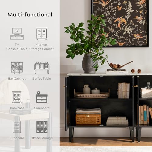 Black Storage Cabinet, Sideboard Buffet Cabinet Modern Accent Cabinet with Faux Marble Top & Adjustable Shelves, Wooden Credenza, Console Table Entryway Cabinet for Living Room