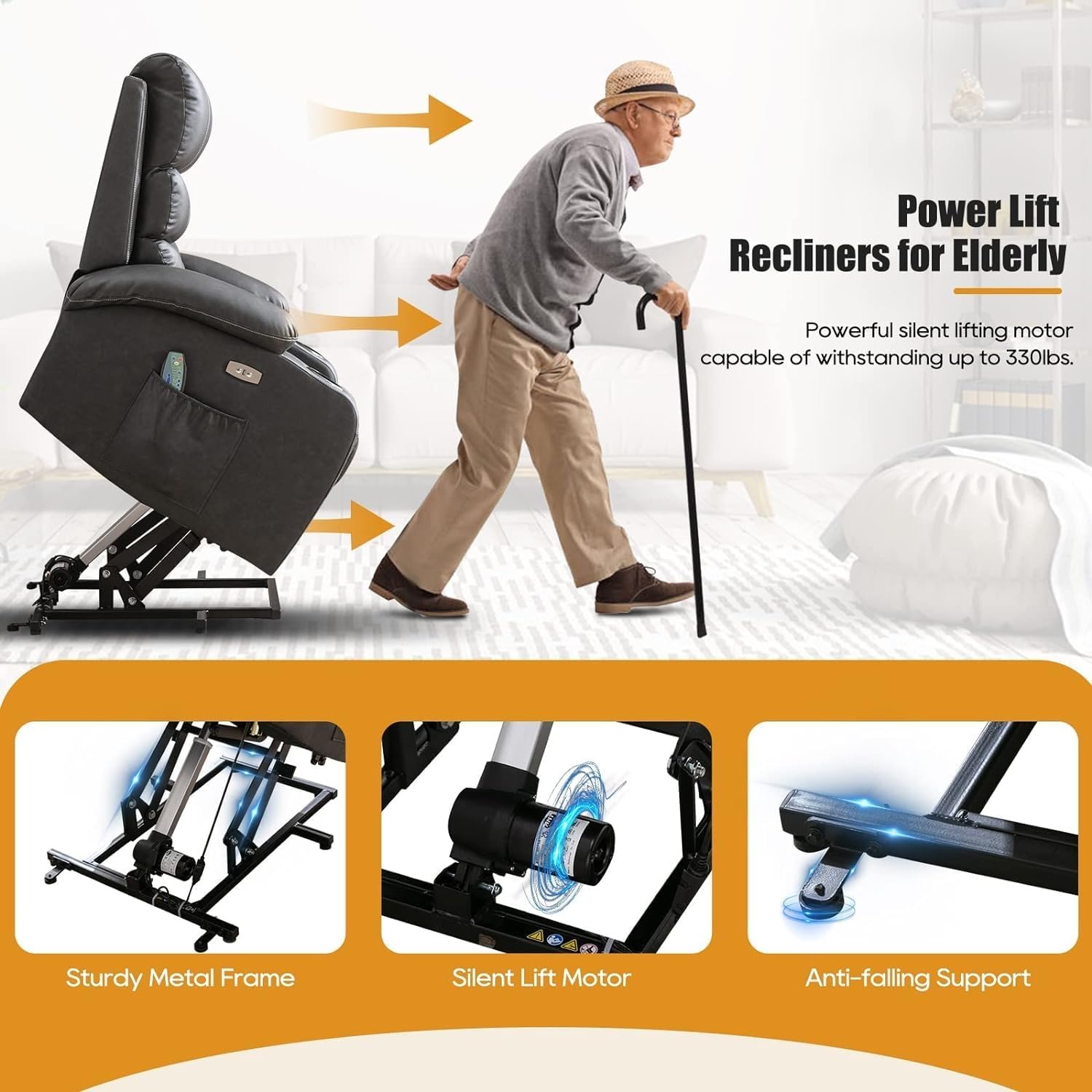 Power Lift Recliner Chair with Heat and Massage for Elderly, Electric Recliner Chairs with Standing Assistance, 2 Cup Holders, 2 Side Pockets, USB Charge Port, Breathable Leather