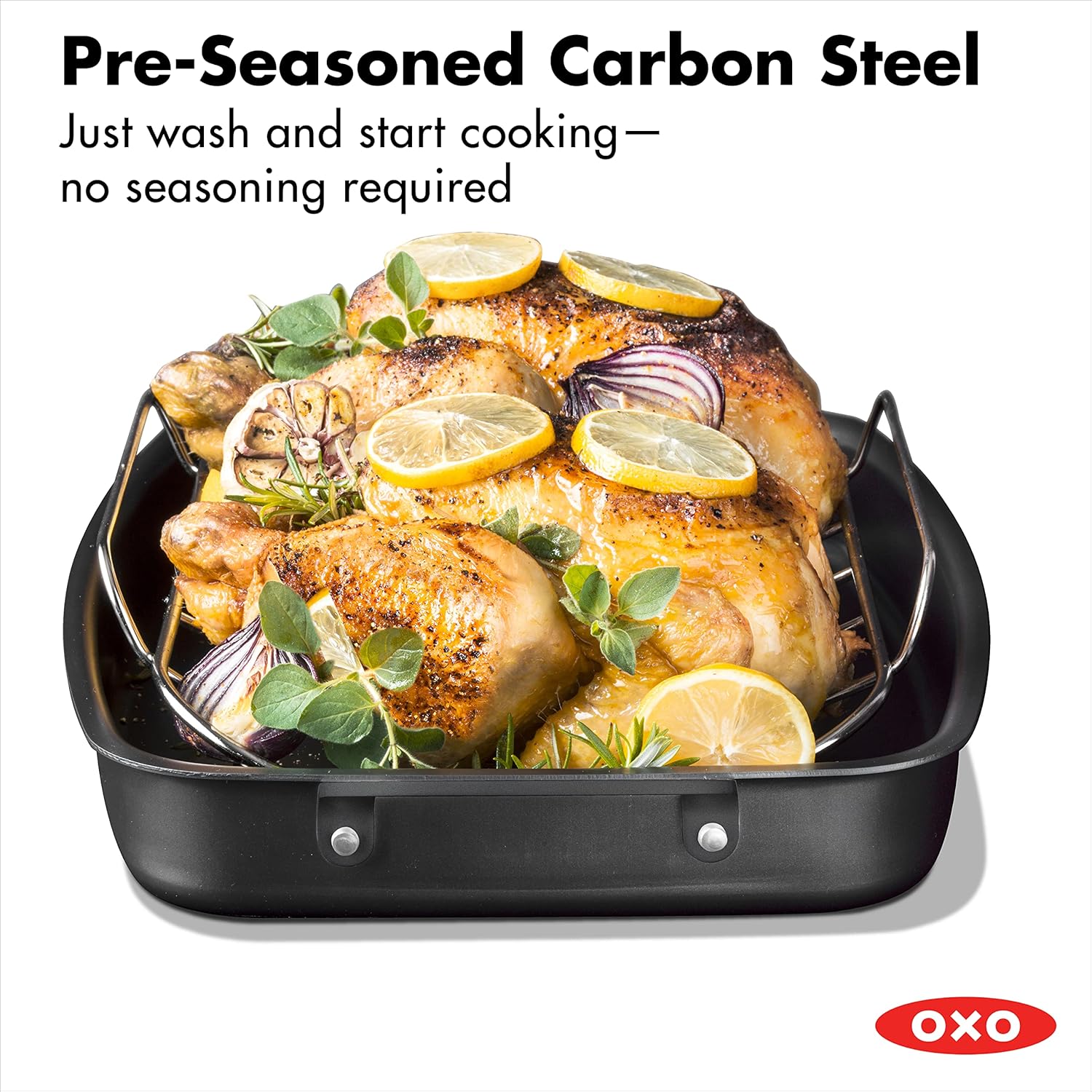 OXO Obsidian Pre-Seasoned Carbon Steel Induction Safe 12 Outdoor Frying Pan/Skillet with Silicone Sleeve, Black