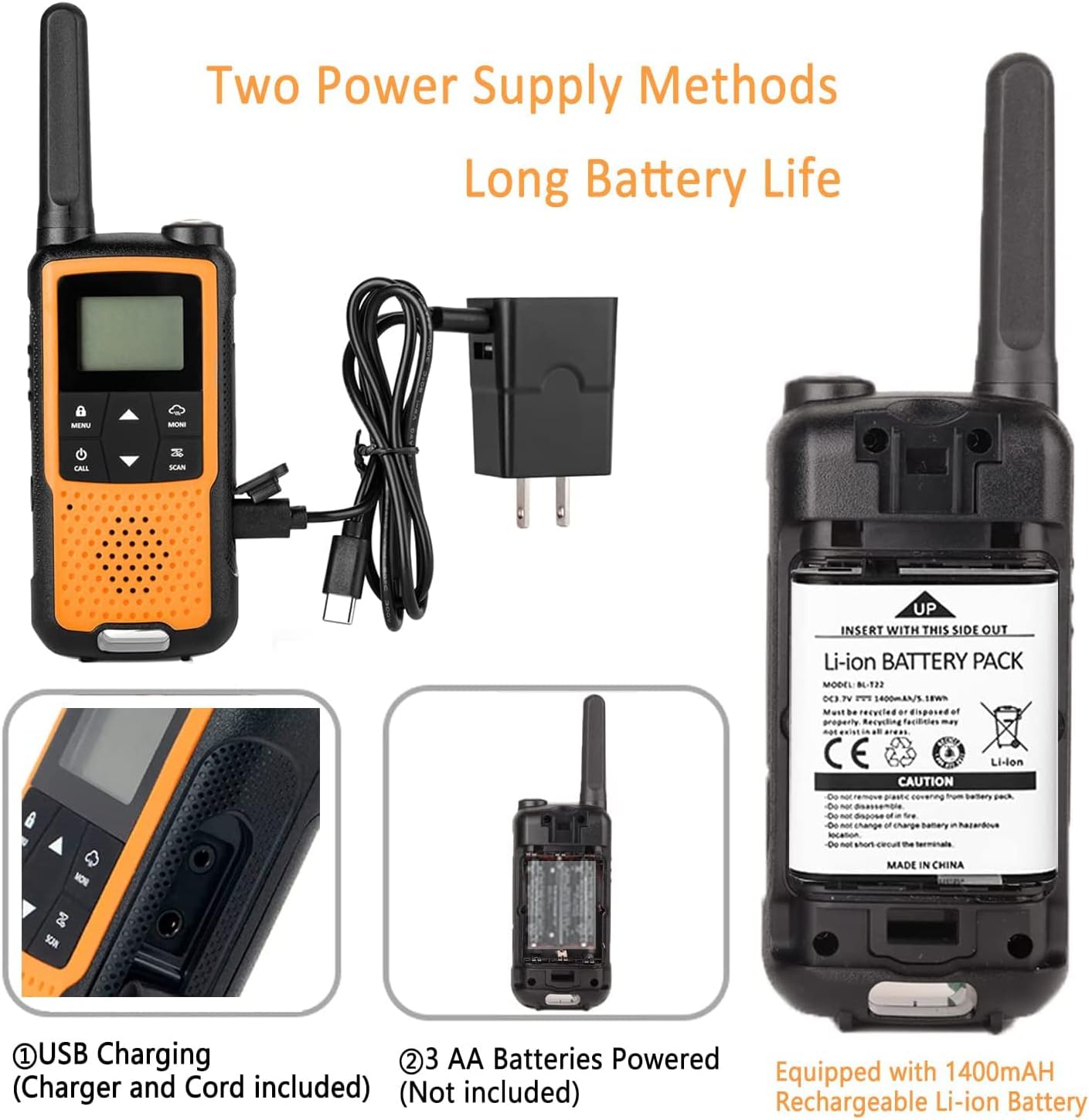 Walkie Talkies Rechargeable, NOAA Walkie Talkies Long Range for Adults, 22 Channels FRS Radio, Handheld 2 Way Radio, VOX Walkie Talkie with Earpiece and Mic, Walky Talky, USB Charging(Orange 4 Pack) Pack of 2