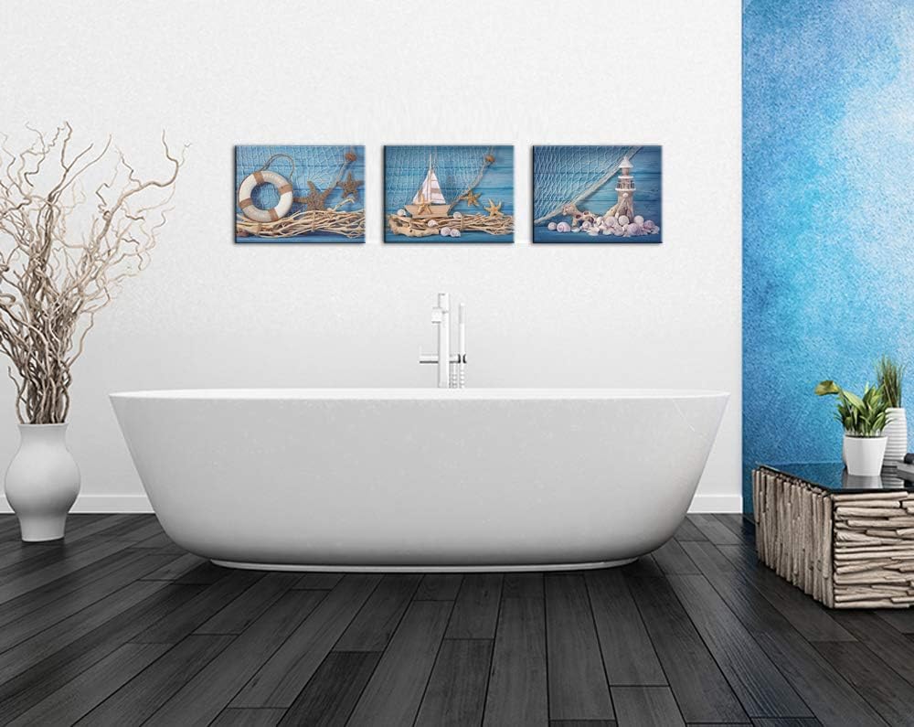 LevvArts 3 Piece Beach Canvas Wall Art Seashell Startfish with Blue Board Picture Prints Maritime Sailing Boat Lighthouse Poster Painting for Bathroom Gallery Canvas Wrapped Ready to Hang