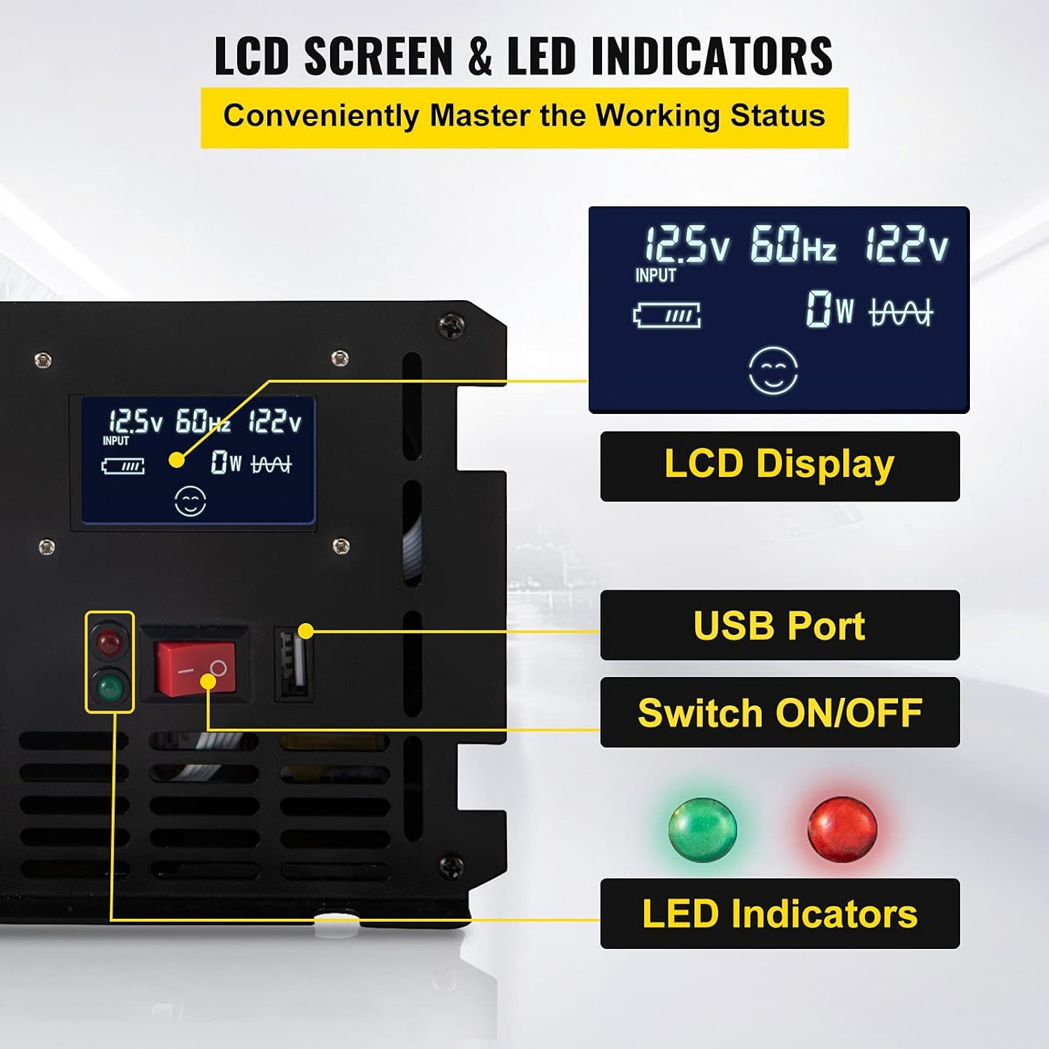 VEVOR Power Inverter, 3600W Modified Sine Wave Inverter, DC 12V to AC 120V Car Converter, with LCD Display, Remote Controller, LED Indicator, GFCI Outlets Inverter for Truck RV Car Boat Travel Camping