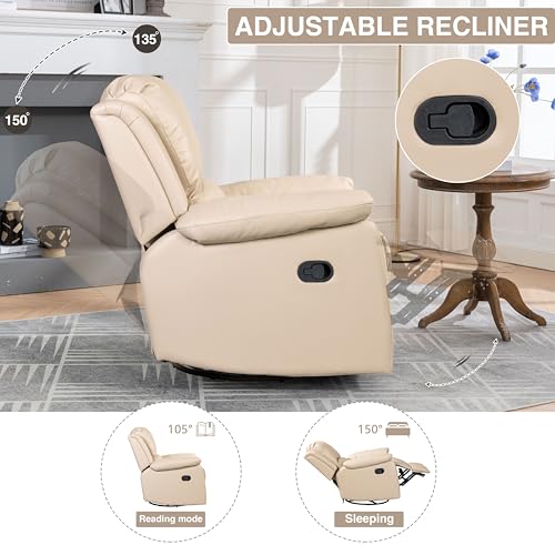 Leather Swivel Recliner Chair - Glider Recliner Chair Manual Reclining Sofa with Adjustable Footrest Modern Lounge Chair with Swivel & Glider Chair Single Recliner Chair for Living Room Office (Beige)
