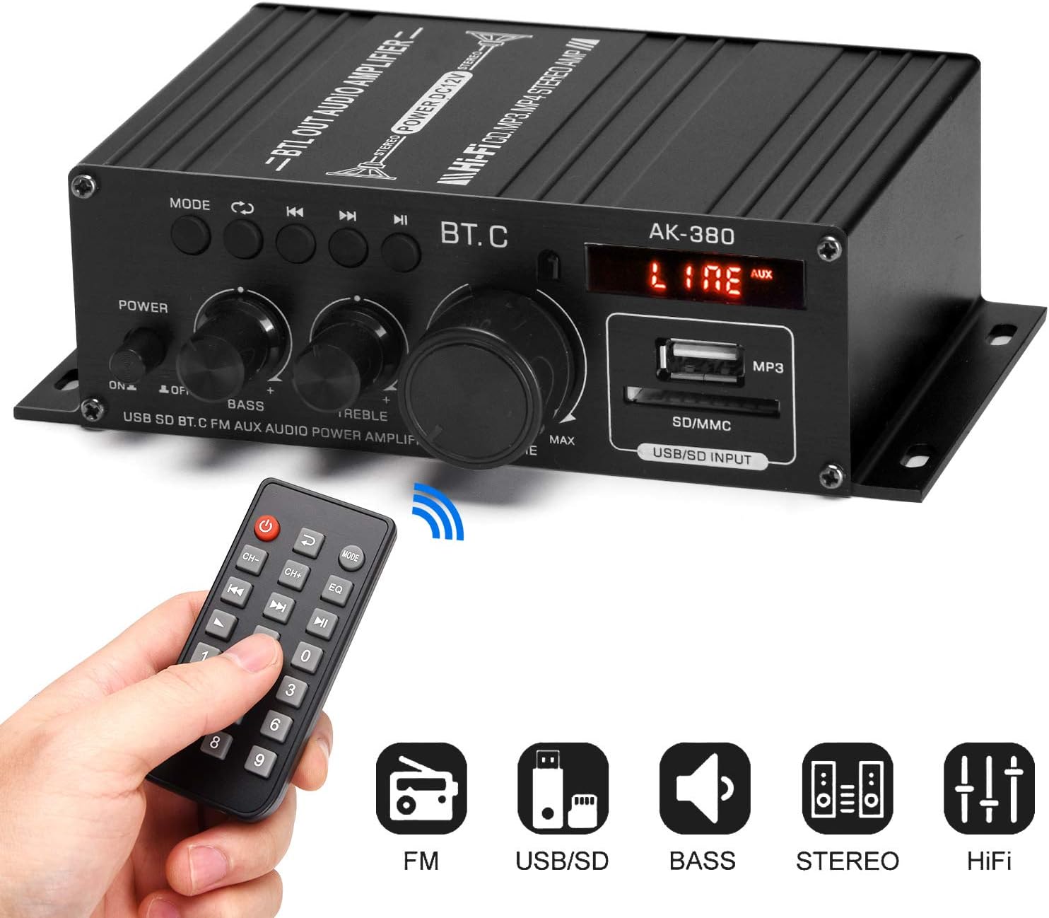 Facmogu AK380 400W+400W Mini Audio Power Amplifier, 2.0 CH Bluetooth 5.0 Receiver Speaker Amp with 12V 5A Power Supply, Bass & Treble Control Music Player Sound Amplifier for Car Home Garage Pack of 2