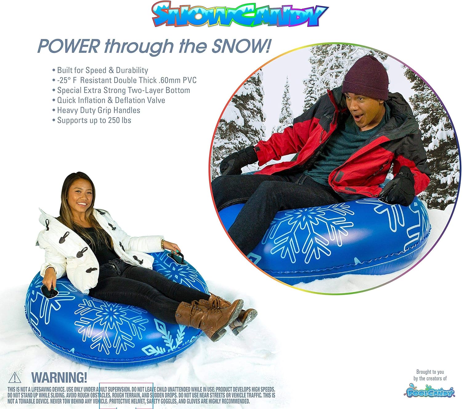 SNOWCANDY Snow Tube 48 Blue Pro-Tuber Edition, Inflatable Snow Sled Toboggan for Kids and Adults, Heavy Duty with Handles and Bottom, Winter Outdoor Sledding, Easy to Inflate and Deflate