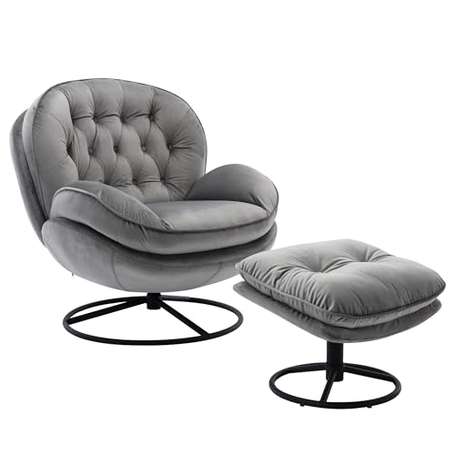 Velvet Swivel Accent Chair with Ottoman Set,Modern Lounge Chair with Footrest, Comfortable 360 Degree Swivel Armchair, Reading Chair for Living Room, Bedroom, Reading Room (gray)