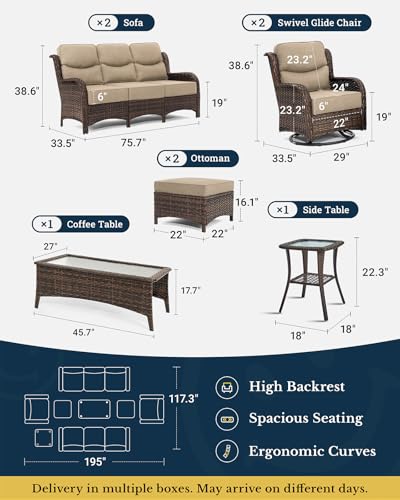 Luxury Patio Furniture Set with 6-inch Thick Cushion, Outdoor Couch and High Back Swivel Rocker Patio Chairs, 7PCS Wicker Conversation Set for Deck, Yard, and Poolside in Blue (V2)