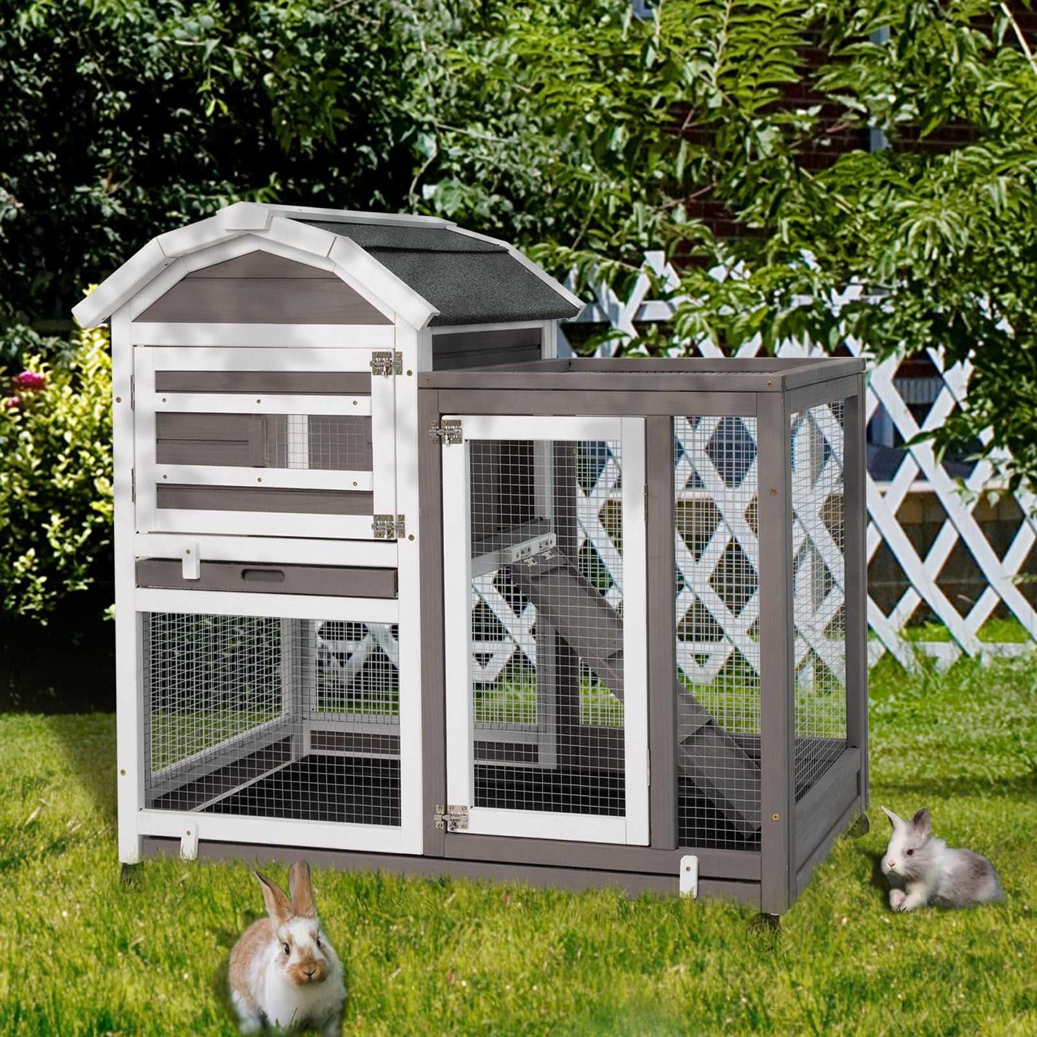Petscosset 37.52 inch Rabbit Hutch Bunny Cage Guinea Pig House with Wheels Small Pet House for Guinea Pig Indoor &amp; Outdoor, Gray, Size: 37.8L x 19.29W - Pet Supplies online store
