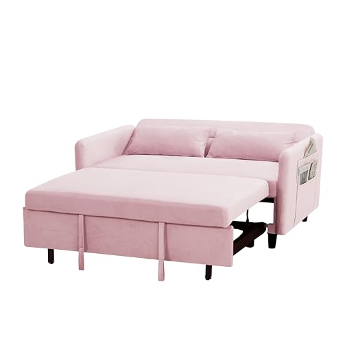 Sleeper Sofa Couch Bed 3-in-1 with Two Pillows-Soft Velvet Surface and Handy Pull-Out Bed Strap - Ideal for Guest Rooms, Pink