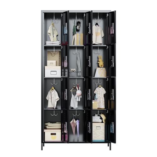 METAN Metal Storage Locker for School Office Gym Bedroom, 12 Doors Locker Cabinet for Employees, Industrial Steel Storage Locker with 12 Hooks, Assembly Required (12 Door-Light Gray)