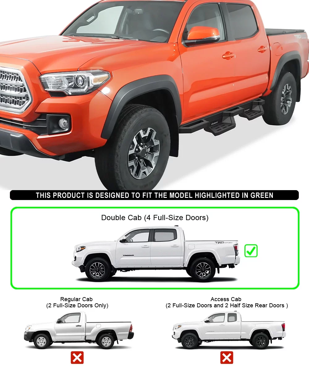 APS iArmor Stainless Steel 6.5in Nerf Bars Pocket Steps Square Tube Rocker Guards Compatible with Toyota Tacoma Double Cab Crew Cab 05-23