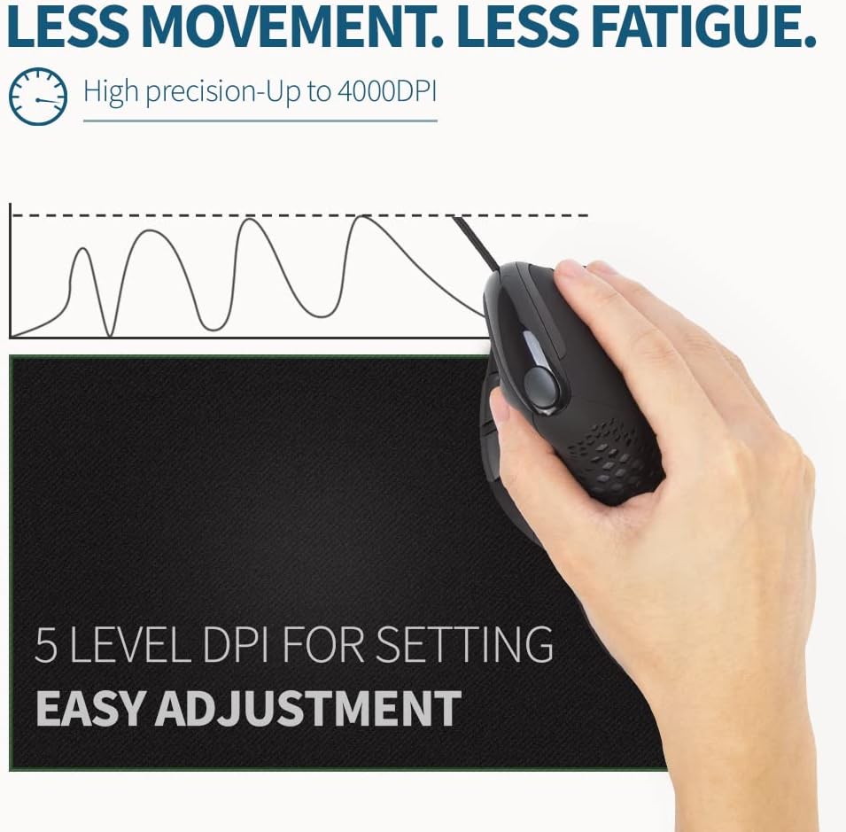 DELUX Seeker Wired Ergonomic Vertical Mouse with Thumb Wheel, Optical Computer Mouse with 6 Programmable Buttons, 4000 DPI, LED Backlight, Removable Wrist Rest for Carpal Tunnel(M618XSU-Black)