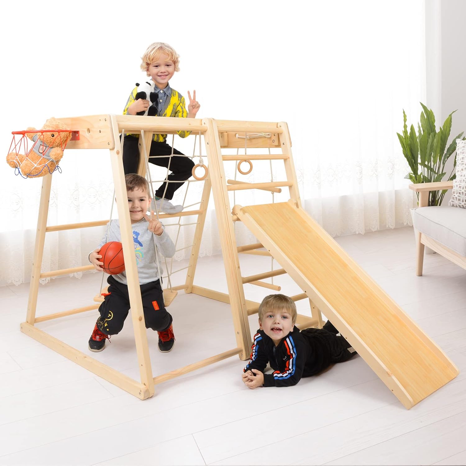Indoor Playground,Toddler Montessori Wood Playset 9-in-1 with Slide, Basketball, Swing, Jungle Gym, Swedish Ladder, Monkey Bars, Rope Ladder, Rock Wall Dome for Kid Ages 1-6 New