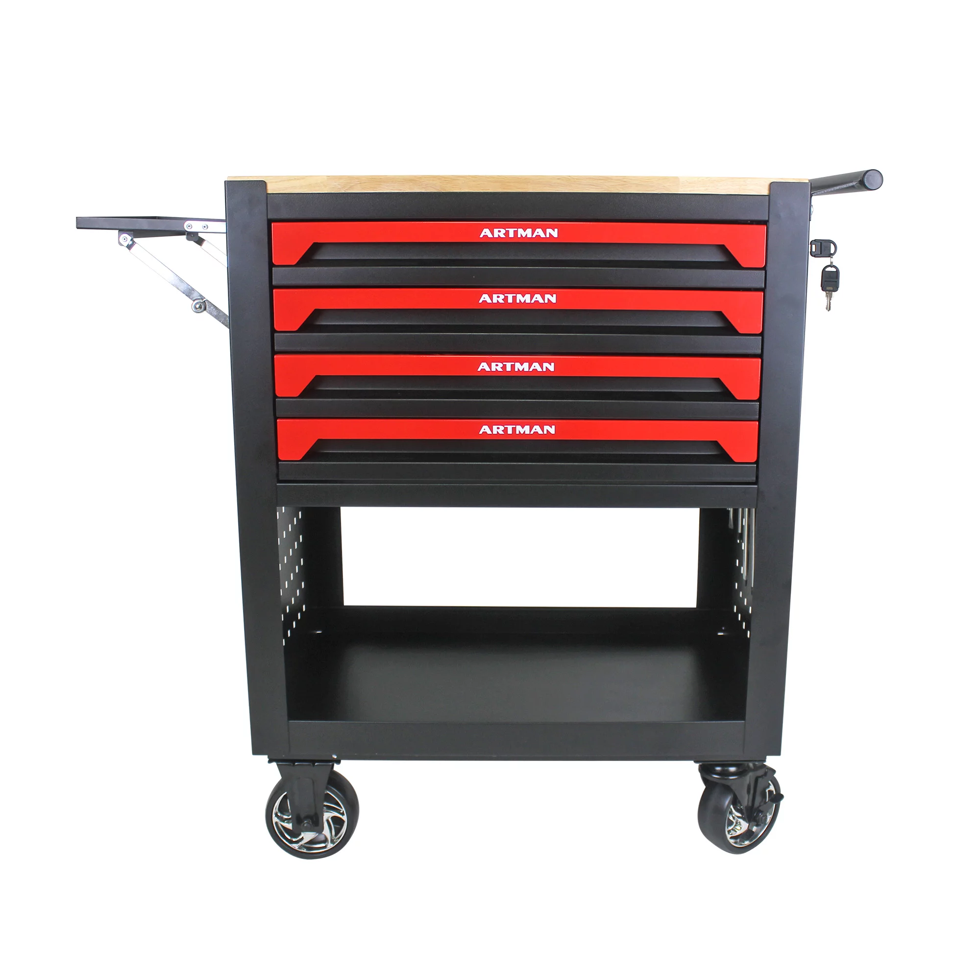 Seizeen 4-Tier Rolling Tool Cart, Multi-Purpose Mechanic Tool Chest On Wheels with Cabinet, Extended Tray & Handle, Heavy Duty Work Bench with Wooden Top and Tool Storage Organizer