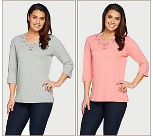 Quacker Factory Set of 2 Eyelet Scalloped 3/4 Sleeve T-Shirts, Size Small, Grey/Soft Coral