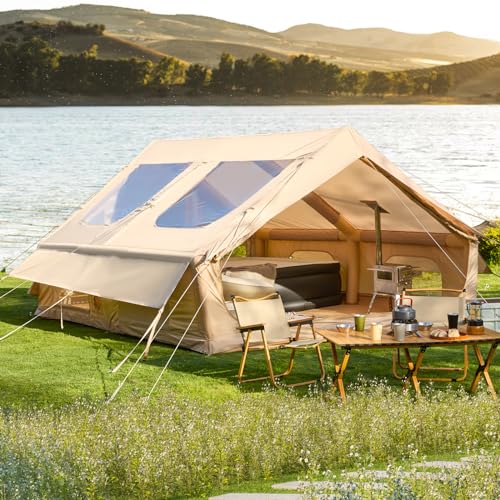 YOLENY Extra Large Inflatable Camping Tent, Glamping Tents Easy Setup 4 Season Windproof Outdoor Cotton Tent with Stove Jack & Mesh Windows & Pump