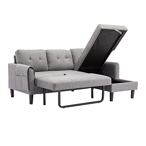Modular Sectional Sofa with Storage Chaise, Pull Out Sleeper Sofa Bed with Chaise, Comfy L Shaped Convertible Sleeper Couch with Pocket Sectional 3 Seat Couch for Living Room Home Office