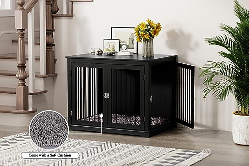 Large Dog Crate Furniture, Wooden Dog Kennel with Cushion, Dog Crate End Table Large, Indoor Dog Kennel, Modern Decorative Dog Crates with Flip Top, Chew-Proof Metal Bars, Black