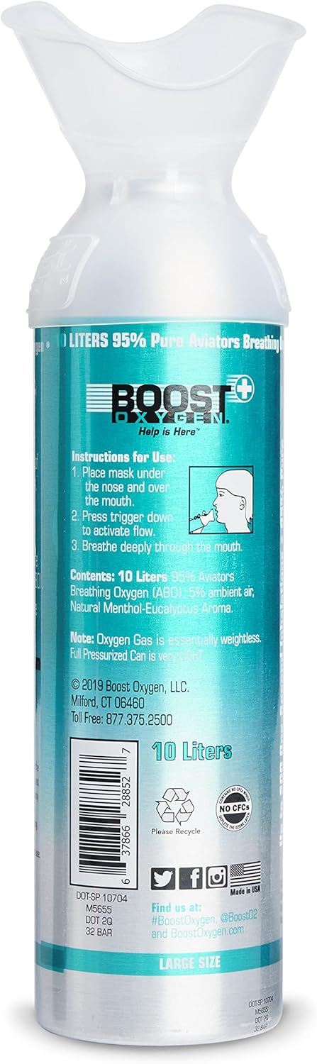 6 Pack Large 10-Liter Boost Oxygen Portable Pure Canned Natural Oxygen Canister Bottle for High Altitudes, Athletes, and More, Menthol Eucalyptus