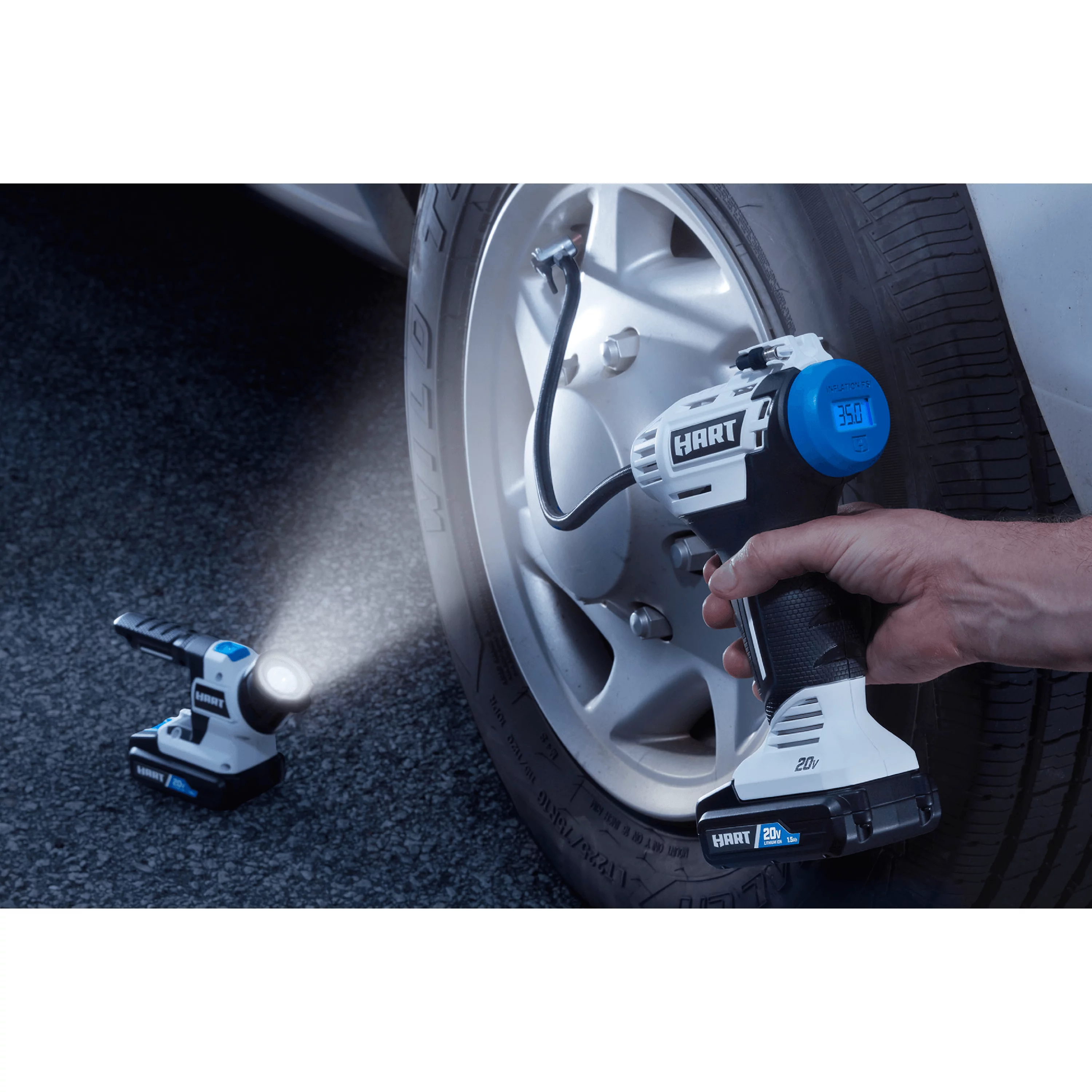 HART 20-Volt Cordless Inflator and LED Light Kit, (1) 1.5Ah Lithium-Ion Battery
