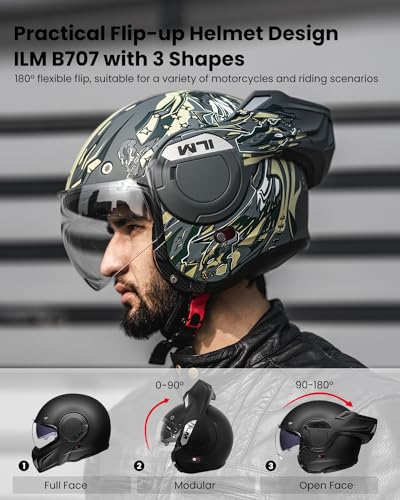 ILM Vintage Full Face Modular Motorcycle Helmet for Adults Men ATV UTV Snowmobile with 180° Reversible Chin Guard DOT Model-B707(Matte Black, L)