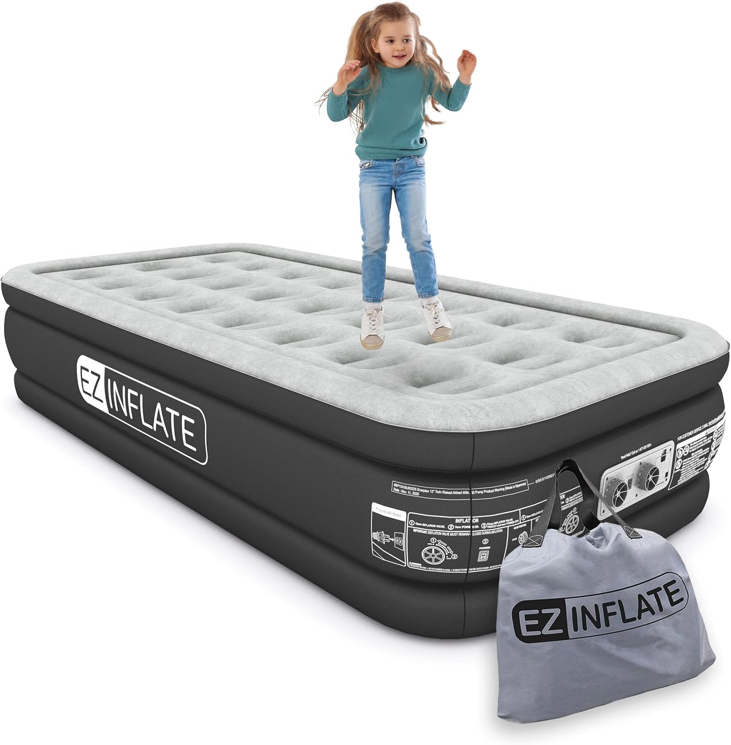 EZ Inflate Air Mattress with Built in Pump - Queen Size Double-High Inflatable Mattress with Flocked Top - Easy Inflate, Waterproof, Portable Blow Up Bed for Camping & Travel