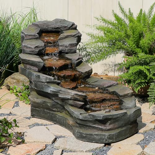 37" L Garden Outdoor Water Fountain, Floor Standing 5-Tiers Rock Natural Waterfall Outdoor Fountains with LED Lights for Patio, Porch, Home Art Decor