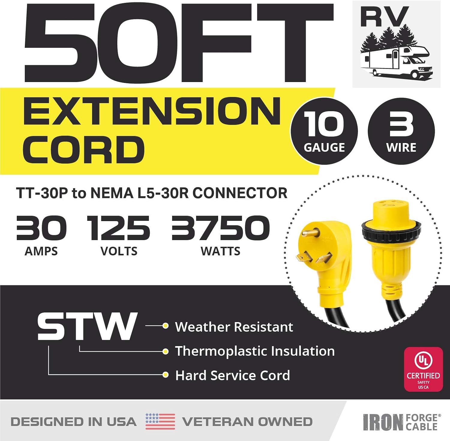 Iron Forge Cable 30 Amp RV Extension Cord 25 Ft - 10/3 STW TT-30P to NEMA L5-30R 125v RV Power Cord