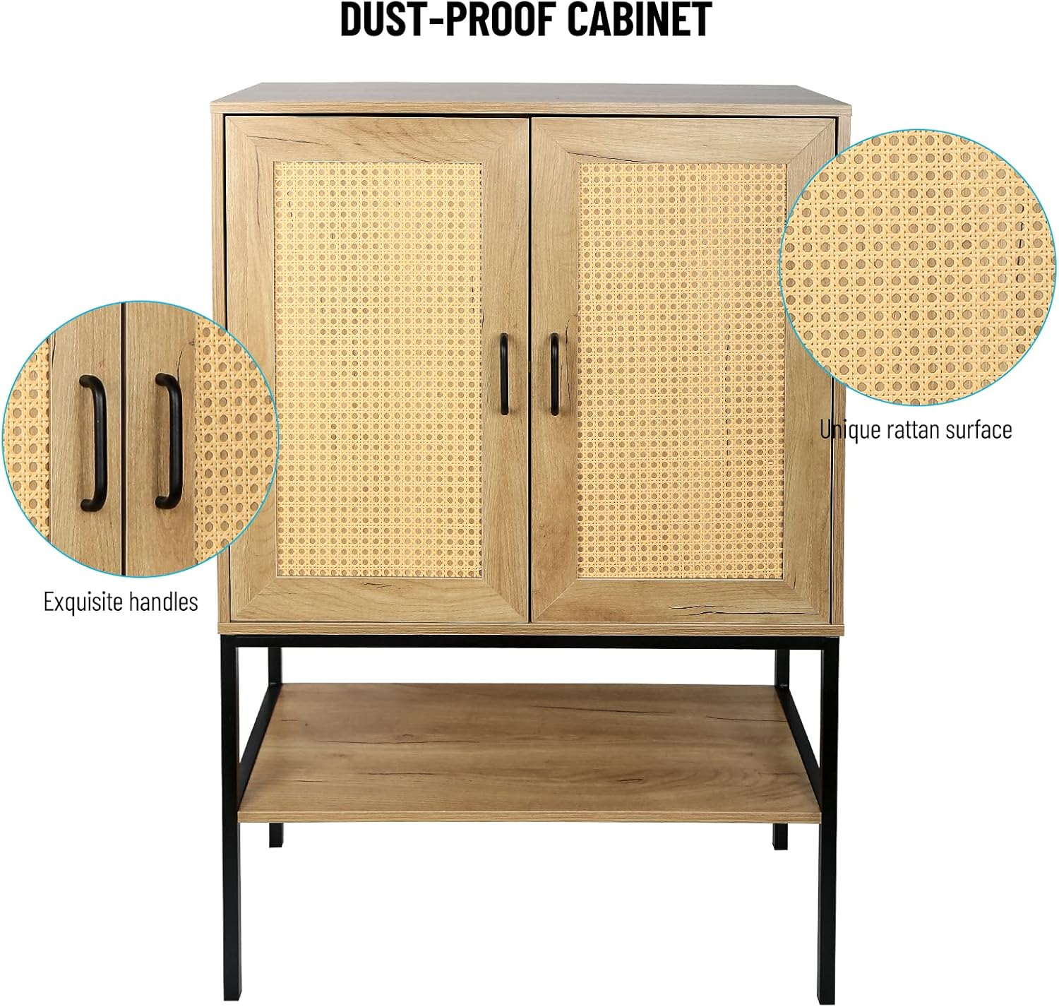Elegant Cabinet with 2 Rattan Doors Bedroom Living Room Kitchen Cupboard Wooden Furniture with Bottom Shelf Easy Assembly Natural Color