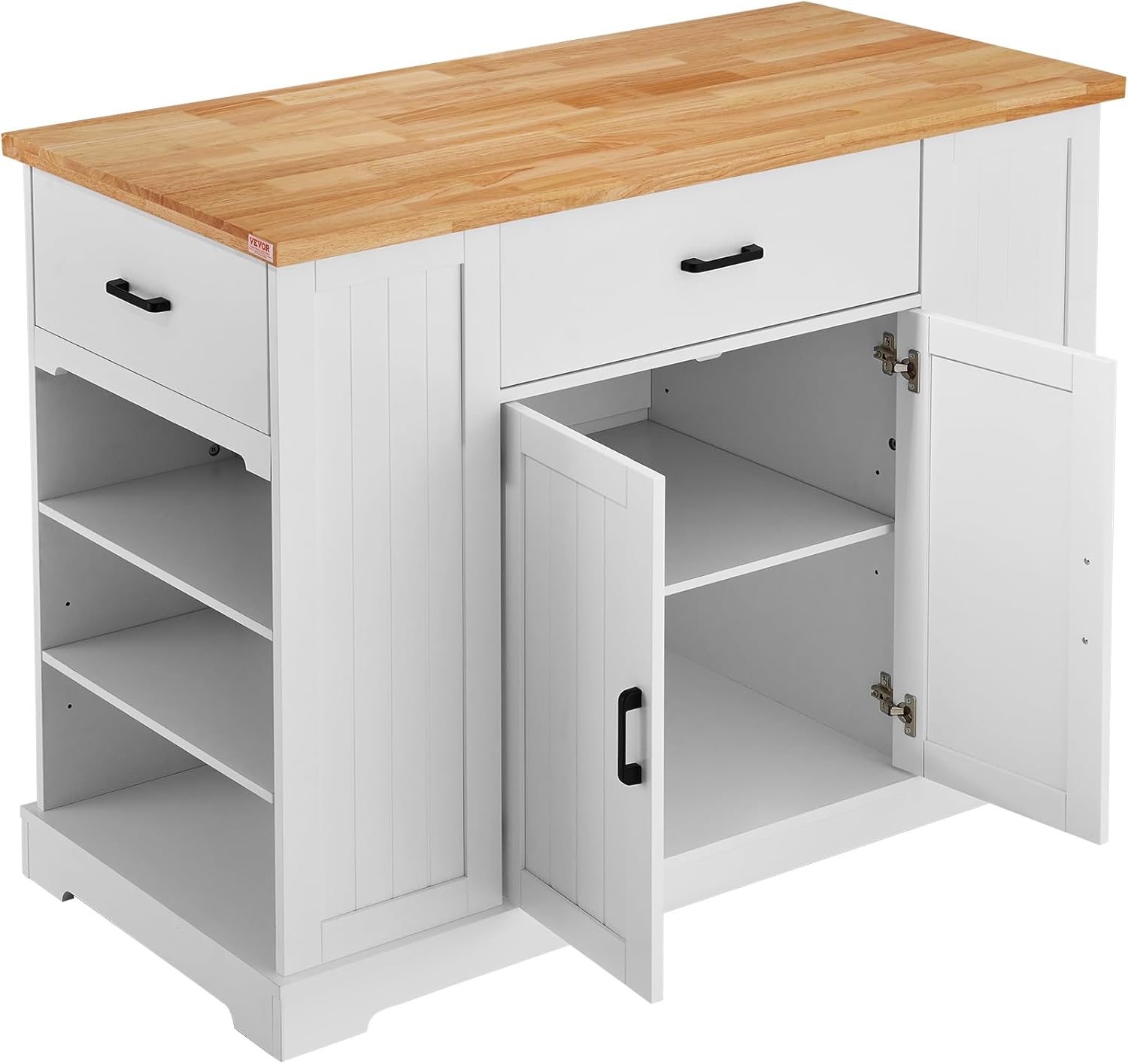VEVOR Kitchen Island Cart, 46" Wood Top Breakfast Bar with Storage Cabinet, Farmhouse Kitchen Table with Adjustable Shelf, Drawer, for Dining Kitchen Living Room, White