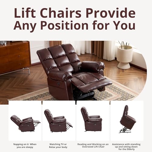 Oversized Power Lift Recliner Chair for Elderly, Extra Wide Lift Chair with Masssage and Heat, Chenille Electric Recliner Chairs for Big and Tall, USB Ports, Coffee