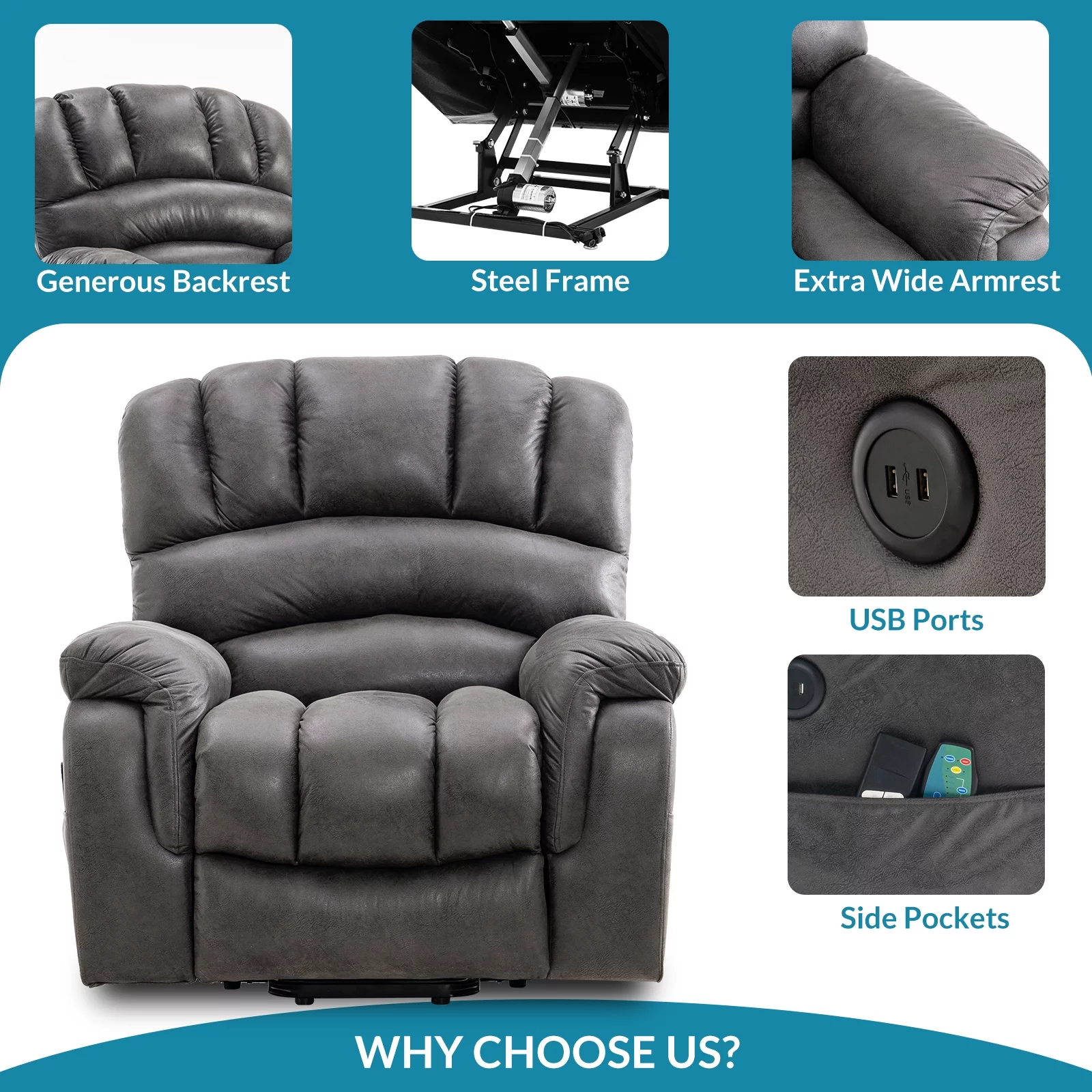 OUINCH Large Dual Motor Lay Flat Sleeper Power Lift Recliner Chair for Elderly with Heat and Massage, 2 Remote Controls, 2 USB Ports & 2 Side Pockets, Infinite Position (Grey)