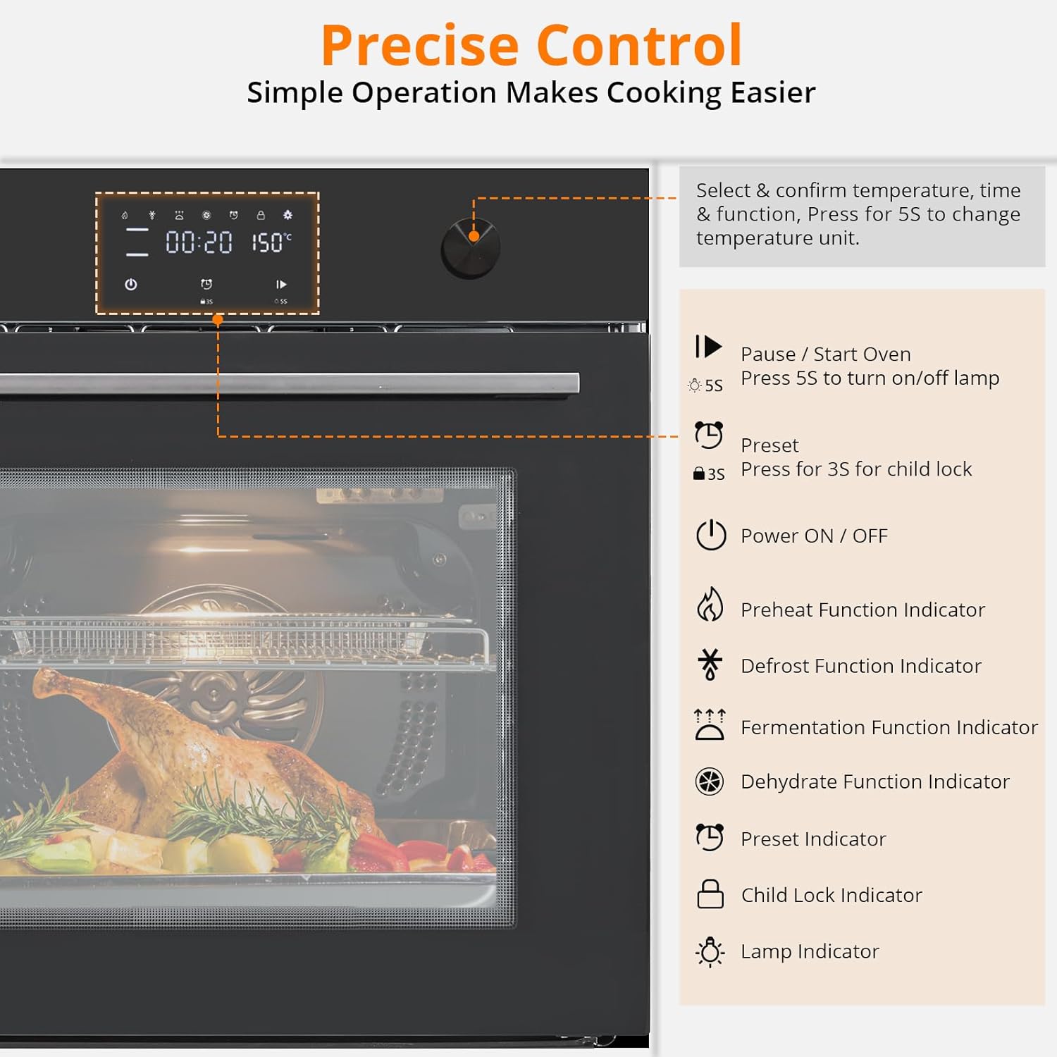 24" 2.5 CF Single Wall Oven, Built-in Convection Ovens with 11 Cooking Modes, 3000W 240V Electric Oven, Stainless Steel, Touch Control, Timer, Safety Lock