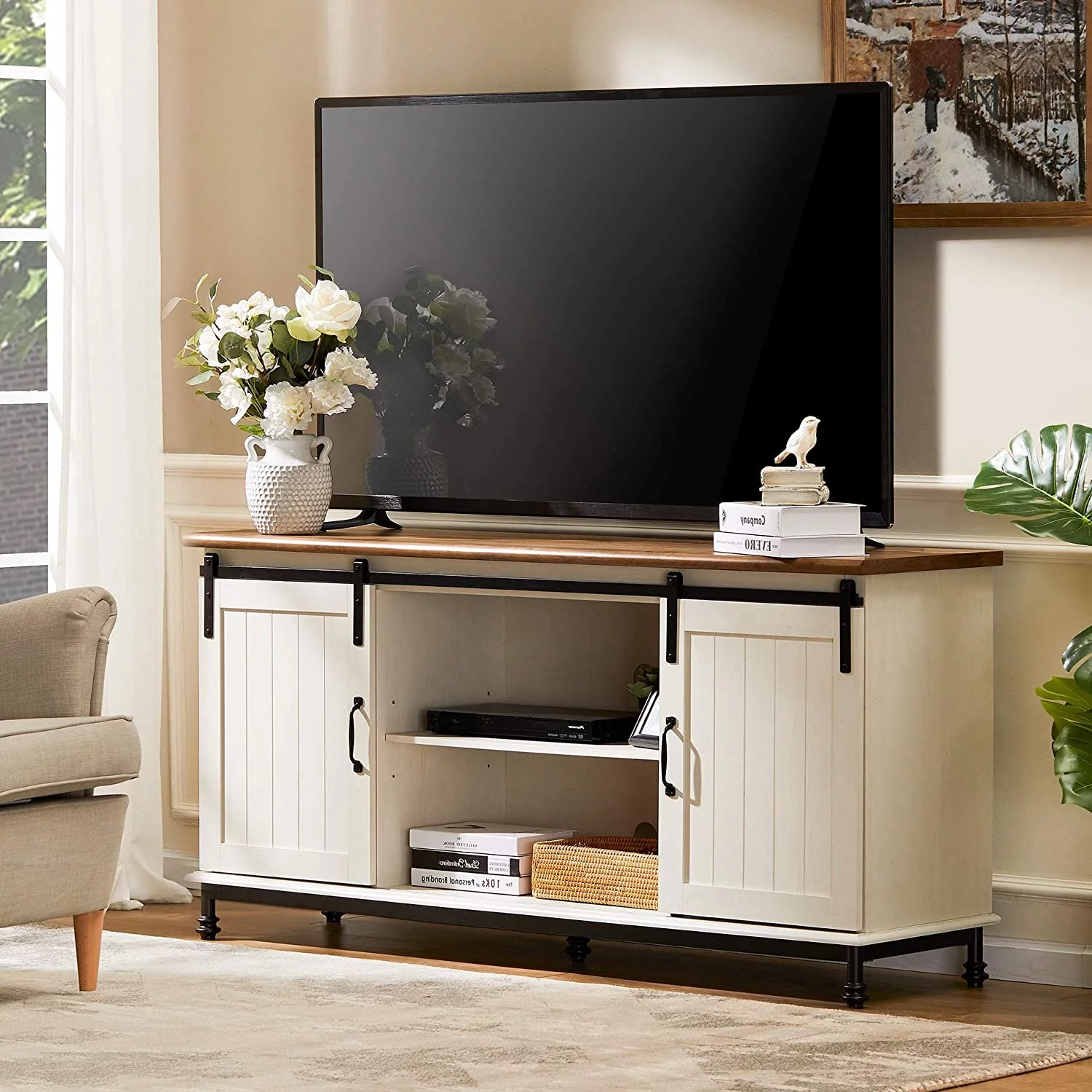 WAMPAT Farmhouse TV Stand for Up to 110 Inch TV, Sliding Barn Door Wood Entertainment Center with Media Console Storage Cabinet & Adjustable Shelves for Living Room, 116'', White