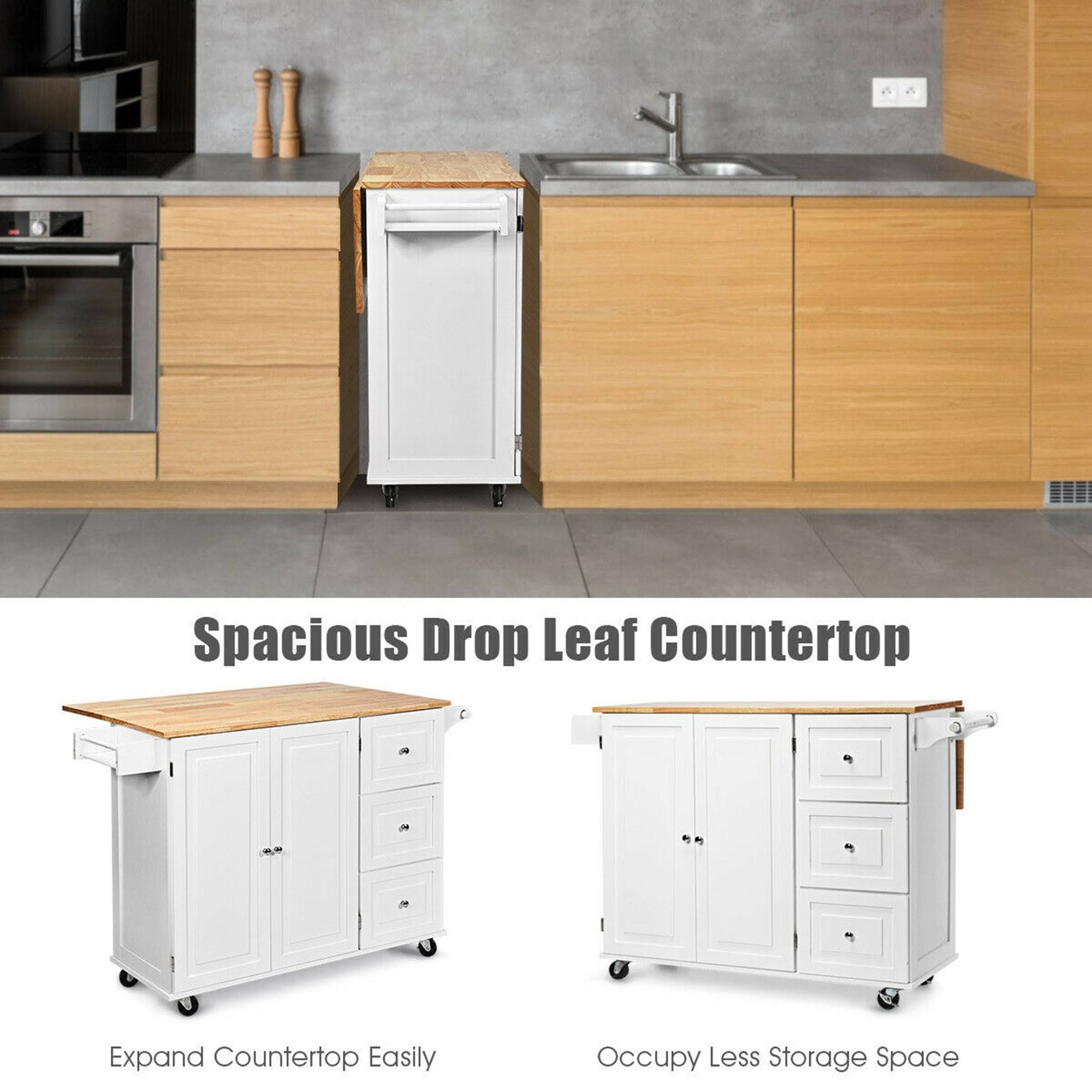 Gymax Drop-Leaf Kitchen Island Trolley Cart Wood Storage Cabinet w/ - See Details - Kitchen Cart - White