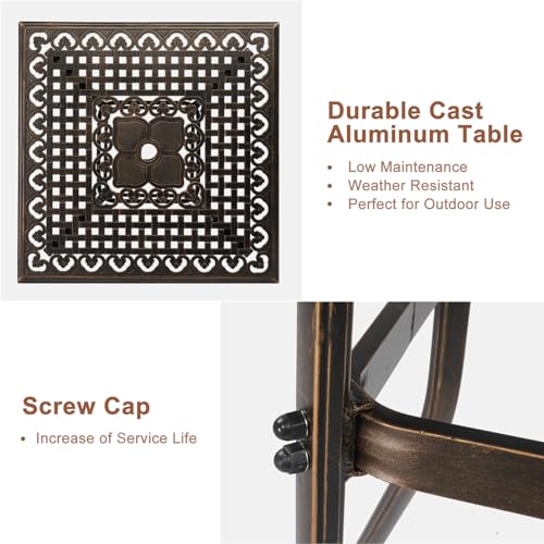 BIVVI 32” Cast Aluminum Outdoor Side Table,Round Patio Coffee Table Porch Table Outdoor Bistro Table End Side Table Cocktail Dining Table Bronze Outdoor Patio Furniture for Backyard,Pool,Porch,Black