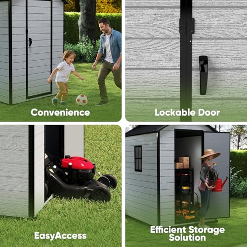 7.3 x 12 FT Shed Resin Outdoor Storage with Floor, 566 cuft Plastic Shed with Window and Lockable Door for Garden, Backyard, with Wood Texture, Grey