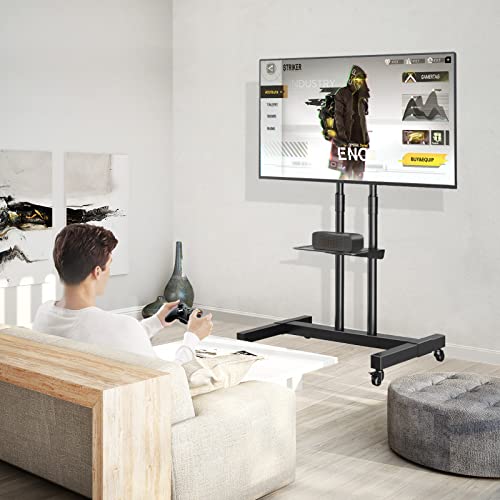 Mobile TV Stand Rolling TV Cart Floor Stand with Mount on Lockable Wheels Height Adjustable Shelf for 32-83 Inch TV Stand Flat Screen or Curved TVs Monitors Display Trolley Loading 110 lbs, White
