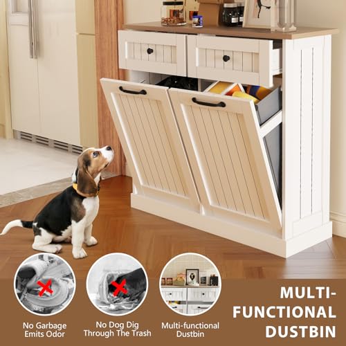 HTK Double Tilt Out Trash Cabinet – Farmhouse Hidden Trash Can Kitchen Cabinet, Space-Saving Design, Additional Storage, Fits 2x10 Gallon Bins, with Pull-Out Drawers (White)