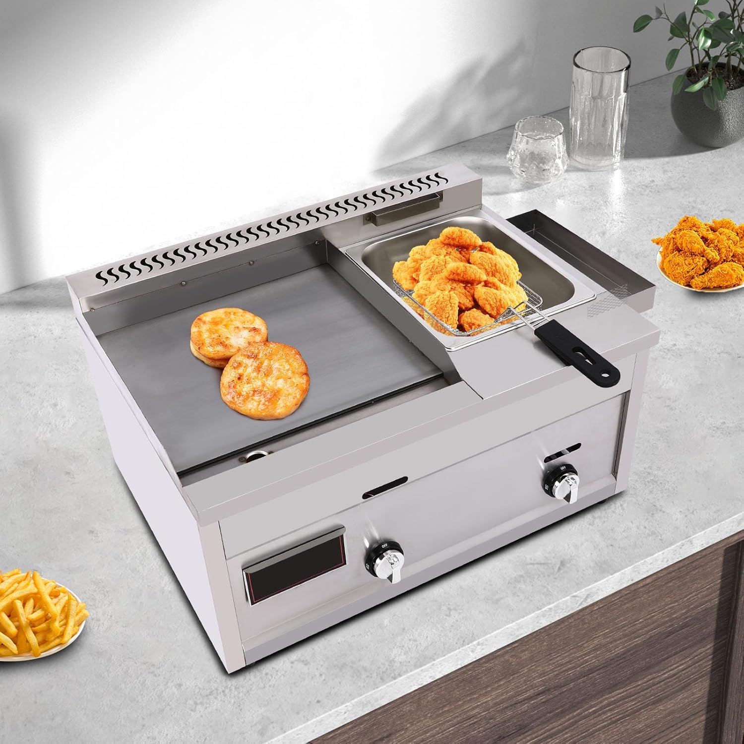 Gas Propane Griddle and Deep Fryer Fast Heating Flat BBQ Hot Plate Frying Machine with Dual Burners Multi-Function Grill and Oil Frying Cookware W/Basket Combo(Stainless Steel)