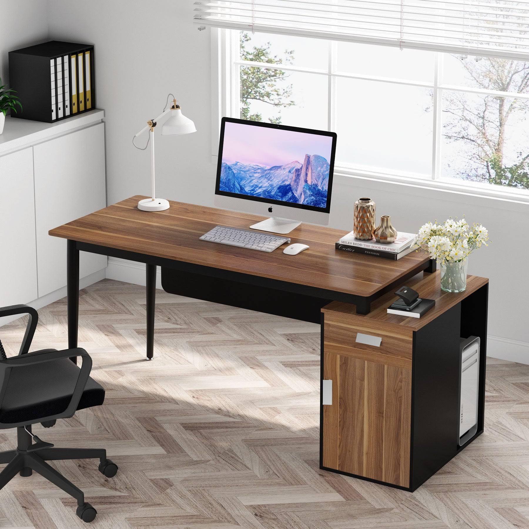 55 inch Computer Desk Modern Office Desk with Drawers and Storage Cabinet - Multi