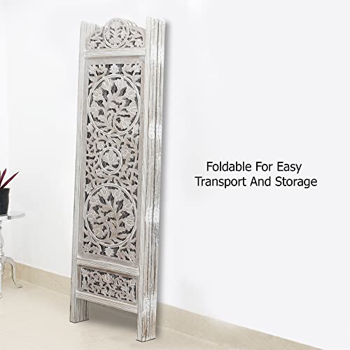 Room Divider Wood Screen - Ghanti Bells Antique Brown - 4 Panel Folding 72 x 80 - Assembled Hand Carved Decorative Functional Versatile Portable Partition Reversible Privacy Boho - COTTON CRAFT