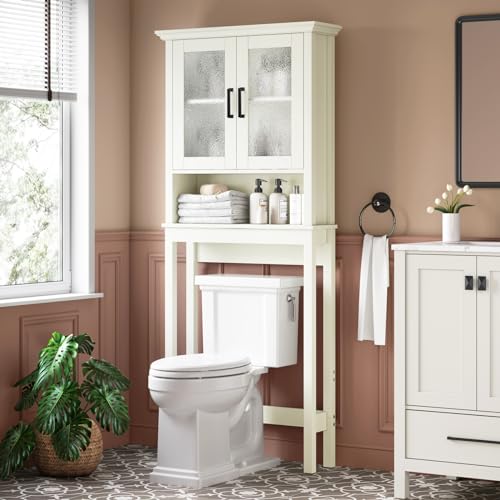 Over The Toilet Storage Cabinet, Over Toilet Bathroom Organizer with Glass Doors and Adjustable Shelf, Thicken Frame above Toilet Storage Cabinet Behind Toilet Bathroom Organizer, Espresso