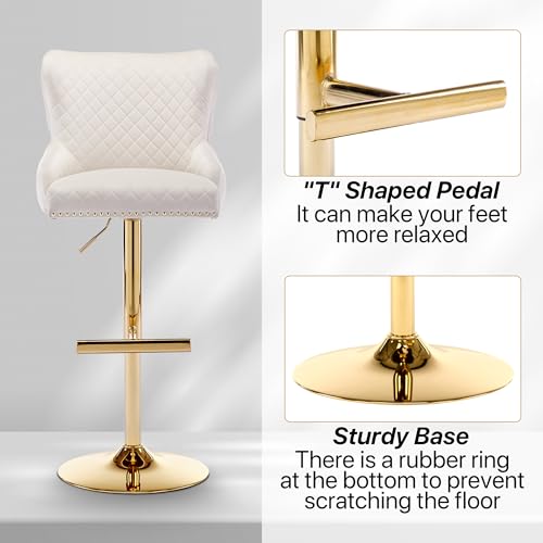 Velvet Barstools Set of 2, Counter Height Adjustable Swivel Barchairs with Golden Lion Head Ring, Thicken Padded Tufted Backrest Chrome Nailhead Trim Bar Stools for Kitchen(Beige)