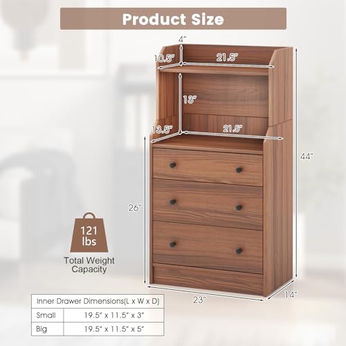 LOKO 3 Drawers Dresser with Shelves, Tall Nightstand with 2 Open Shelves, Modern Chest of Drawers with Anti-Toppling Device, Utility Storage Dresser for Living room, Bedroom, Closet, Entryway (Walnut)